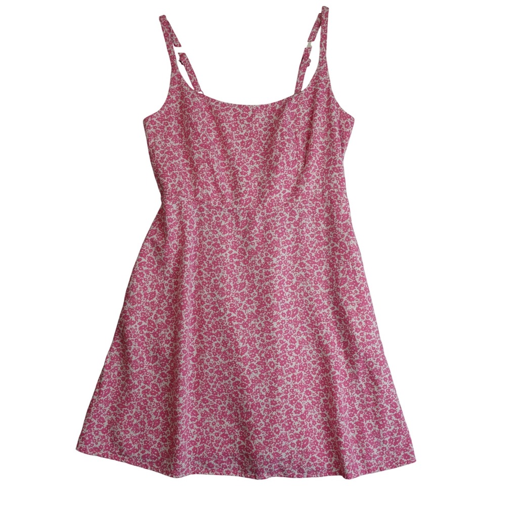 Old Navy Cottagecore Floral Linen Mini Dress Womens M Pink White Smocked Pockets